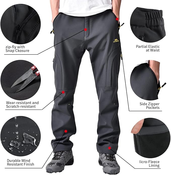 Toomett Men's hiking Snow Pants Skiing Winter Insulated Fleece lined Outdoor Water Repellent camping,walking,fishing