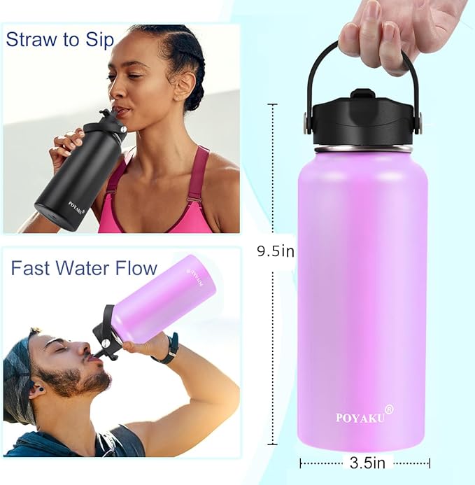 Water Bottle Insulated 32oz 40oz 64oz 128oz Straw Lid Spout Lid & 3 Lids, Leak Proof, Vacuum Insulated,Stainless Steel Water Bottle Wide Mouth for Sports, Gym or Office-GravixFit