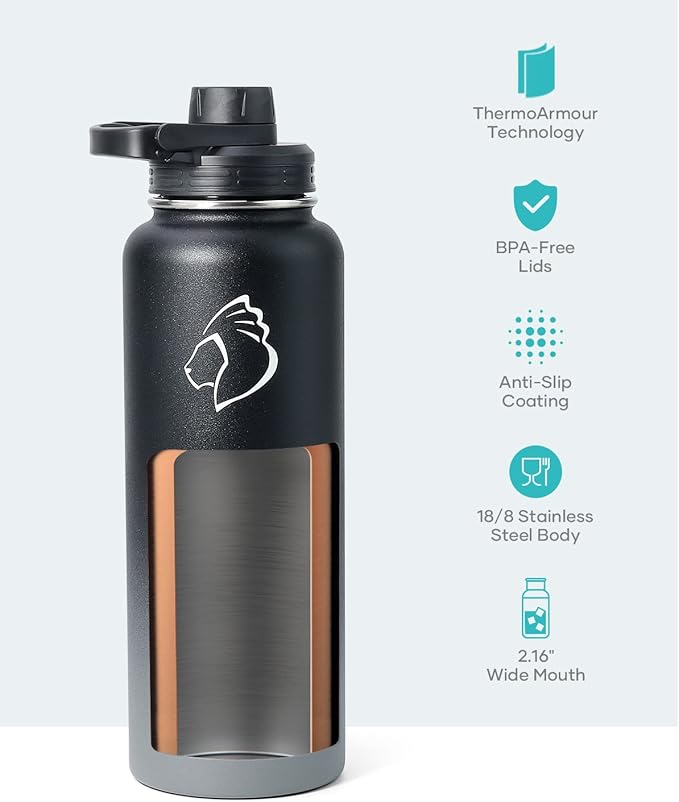 BUZIO 40 oz Water Bottle Insulated with Straw & 3 lid and Carrying Pouch, Leak Proof Anti-Slip Stainless Steel Water Flask Jug, Cold for 48 Hrs Double Vacuum Thermo Canteen, BPA-Free, Shadow-GravixFit