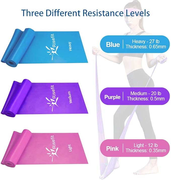 Therapy Flat Resistance Bands Set, Latex Free Flat Elastic Exercise Stretch Bands for Stretching, Flexibility, Pilates, Yoga, Ballet, Gymnastics, Rehab, Workout, Pink, Purple, Blue (3 Pack, 5 FT long)-GravixFit