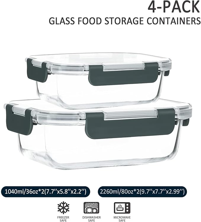 M MCIRCO [80 oz & 36 oz Extra Large Glass Food Storage/Baking Containers Set with Lids, 2 Pack 80 oz(10 cup)&2 Pack 36 oz (4.5 cup) Airtight Glass Container,Microwave,Oven,Freezer and Dishwasher-GravixFit