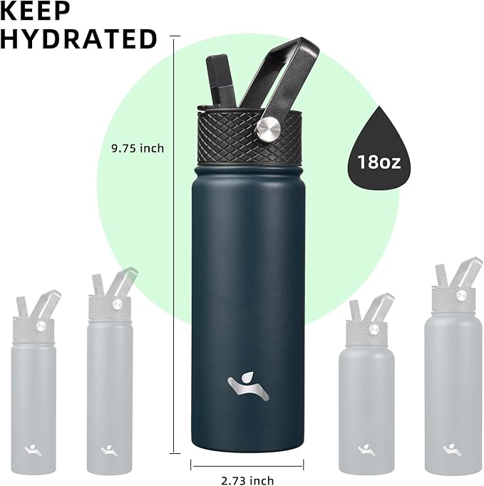 18 oz Insulated Water Bottle Stainless Steel Sport Bottles with 3 Lids,Navy Blue-GravixFit