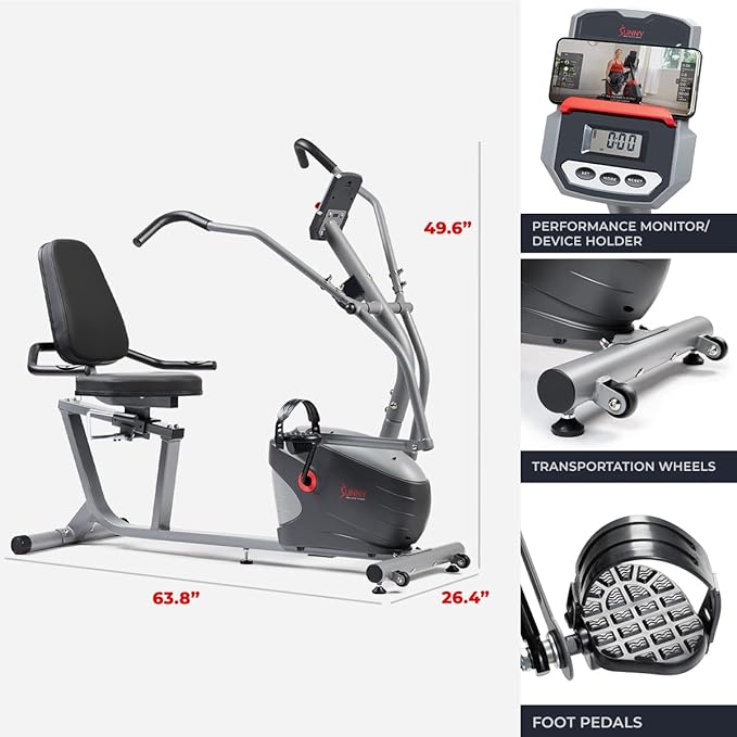 Sunny Health & Fitness Smart Recumbent Bike, Full-Body Home Training with Arm/Leg Exercisers, Indoor Cycling Workout Machine Plus Adjustable Seat & Bulit-in Pulse Sensors, Free SunnyFit App Connection-GravixFit