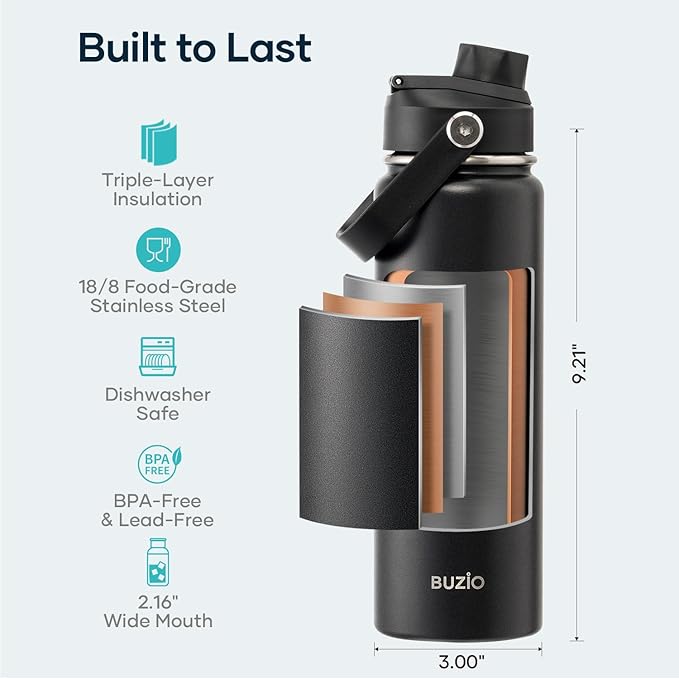 BUZIO 24 oz Insulated Water Bottle, Stainless Steel Wide Mouth Water Flask with Straw Lid, Cold for 48 Hrs Leak Proof Metal Hydro Thermo Canteen Mug, Black-GravixFit
