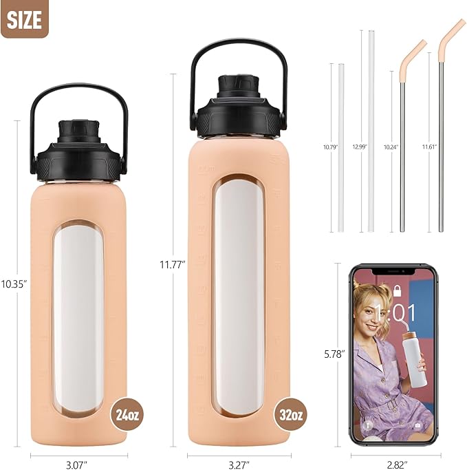 Kodrine Water Bottle with Straw, 24 oz Glass water Bottle with 2 Lids Bamboo Straw Lid and Spout Lid with Handle, 32 oz Clear Water Bottle Glass for Sports Travel, Waterbottle with Time Marker-GravixFit