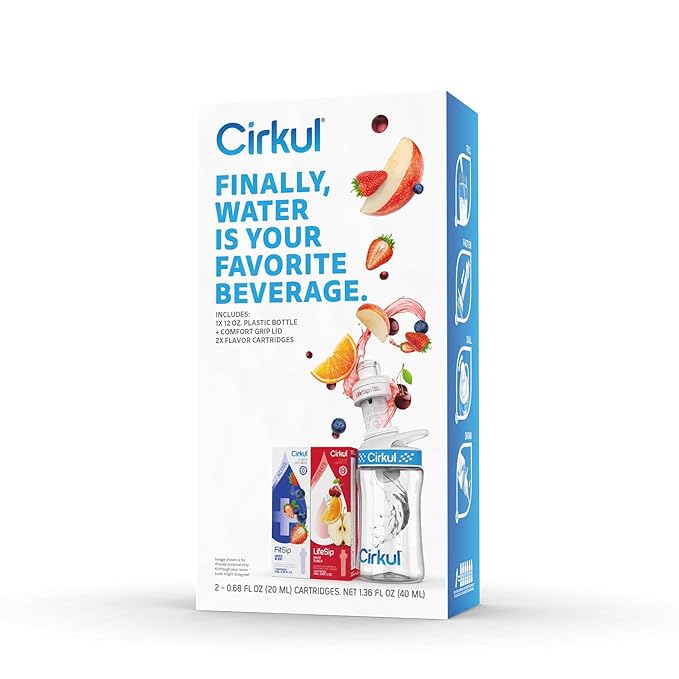 Cirkul 12oz. BPA-Free Plastic Water Bottle Starter Kit for Kids with Blue Lid, 2 Flavor Cartridges (1 LifeSip Fruit Punch, 1 FitSip Mixed Berry), No Sugar, Zero Calorie Drink Mix-GravixFit