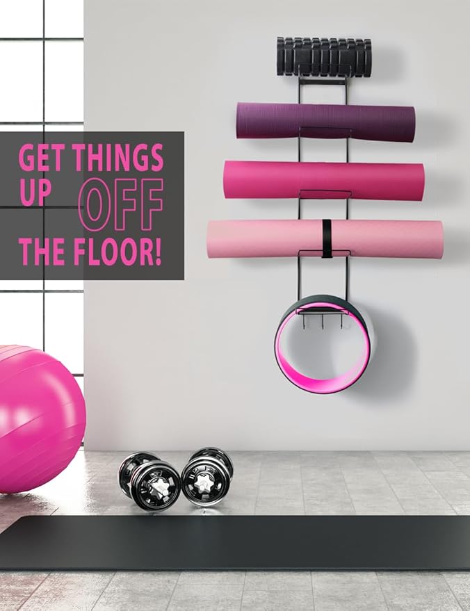 MRZZATA 5-Tiers Yoga Mat Holder Wall Mount, Metal Storage Rack for Mats/Wheels, Foam Roller and Block, Wall Rack with 3-Hooks for Hanging Stretching Strap, Resistance Bands, Yoga Accessories-GravixFit