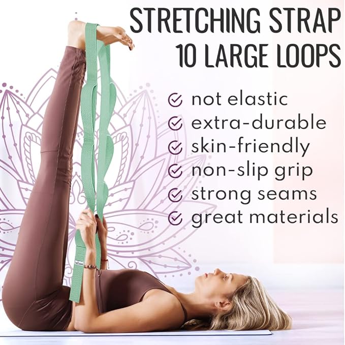 TECEUM Stretching Strap for Yoga & Physical Therapy – 10 Loops – Non-Elastic Leg Stretch Straps for Stretching, Exercising, Pilates, Post-Injury Rehabilitation for All Levels – Men & Women-GravixFit