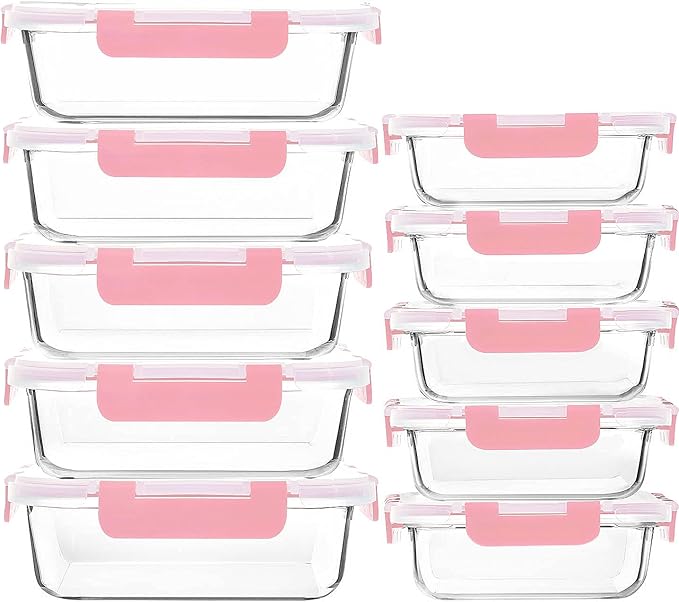 M MCIRCO [10-Pack Meal Prep Containers with Snap Locking Lids, Glass Airtight Lunch, Food Storage Containers, Microwave, Oven, Freezer and Dishwasher Friendly, Pink-GravixFit