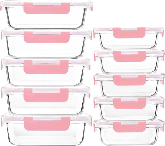 M MCIRCO [10-Pack Meal Prep Containers with Snap Locking Lids, Glass Airtight Lunch, Food Storage Containers, Microwave, Oven, Freezer and Dishwasher Friendly, Pink-GravixFit
