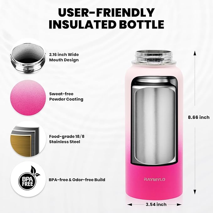 Insulated Water Bottle 32 oz, Triple Wall Vacuum Stainless Steel (Cold for 48 Hrs), Leak Proof & Non-BPA, Modern Water Flask Jug with Paracord Handle & Straw Spout Lids, Ombre Pink-GravixFit