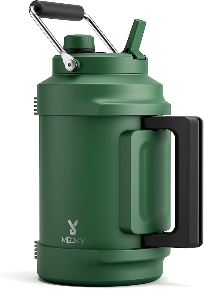 1 Gallon Insulated Water Bottle for Hiking: Meoky 128 oz Triple Wall Vacuum Stainless Steel Metal Water Jug - Top and Side Handles, Cold for 48 Hrs, 2-in-1 Straw and Spout Lid, Leakproof for Gym (Fir)-GravixFit