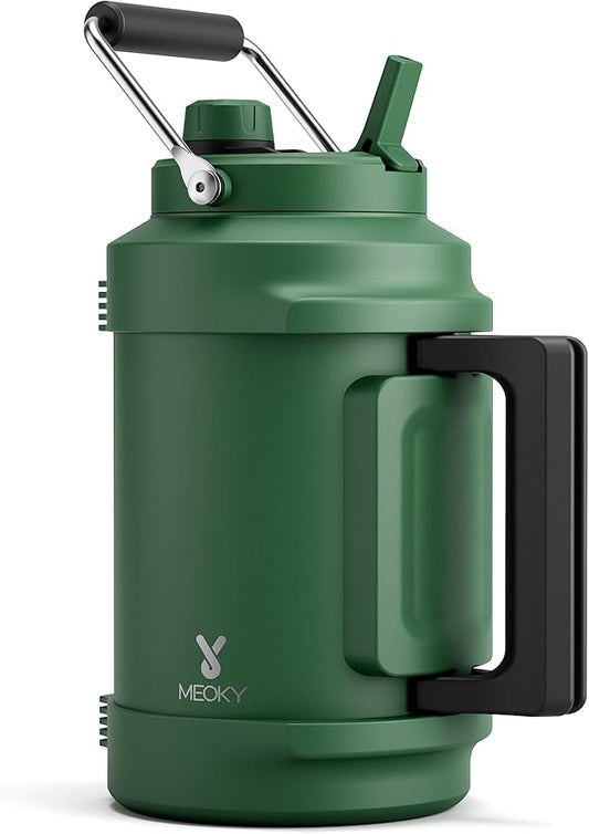1 Gallon Insulated Water Bottle for Hiking: Meoky 128 oz Triple Wall Vacuum Stainless Steel Metal Water Jug - Top and Side Handles, Cold for 48 Hrs, 2-in-1 Straw and Spout Lid, Leakproof for Gym (Fir)-GravixFit