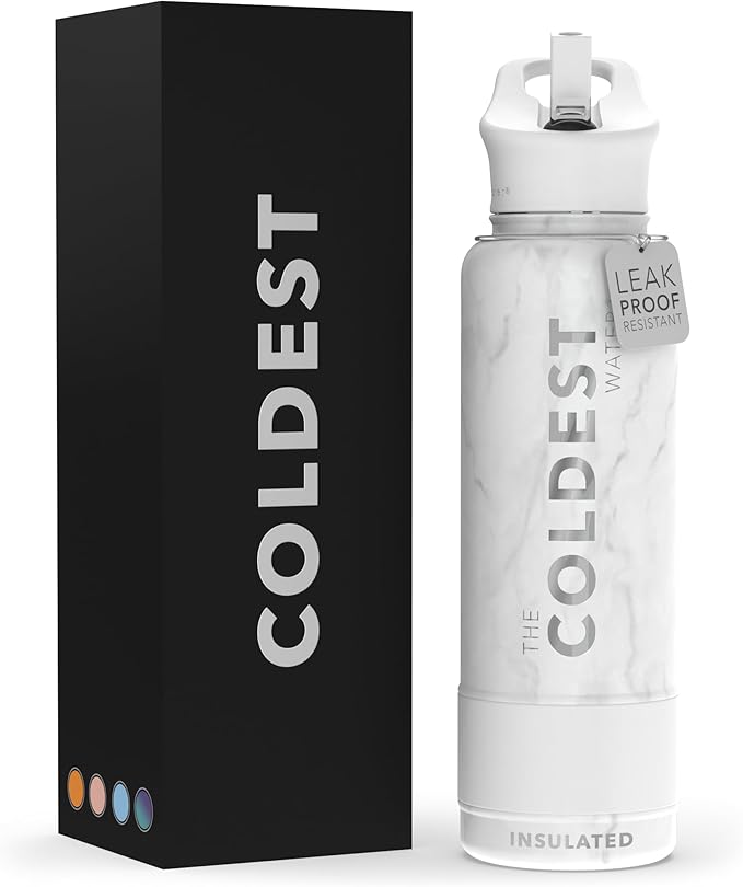 Coldest Insulated Water Bottle with Straw Lid - Stainless Steel Metal Insulated Bottle for Men & Women (Carrara Marble, 40 oz)-GravixFit