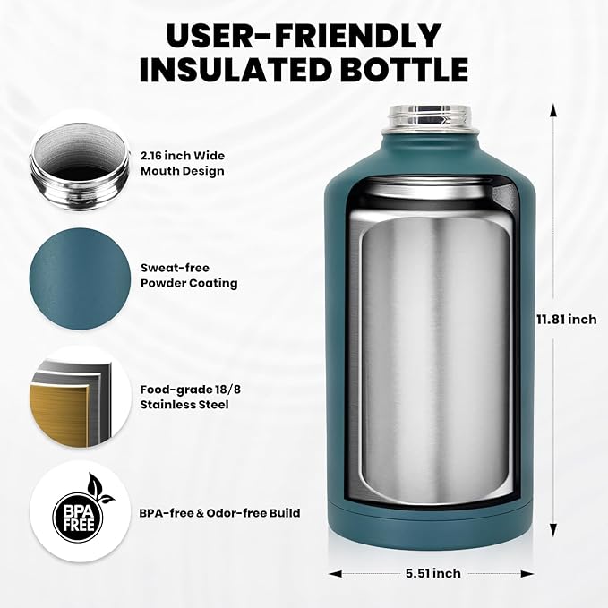 One Gallon Water Bottle Insulated, Triple Walled Vacuum Stainless Steel (Cold for 48 Hrs), Leak Proof & Non-BPA, Large Water Flask Jug with Paracord Handle & Straw Spout Lids-GravixFit