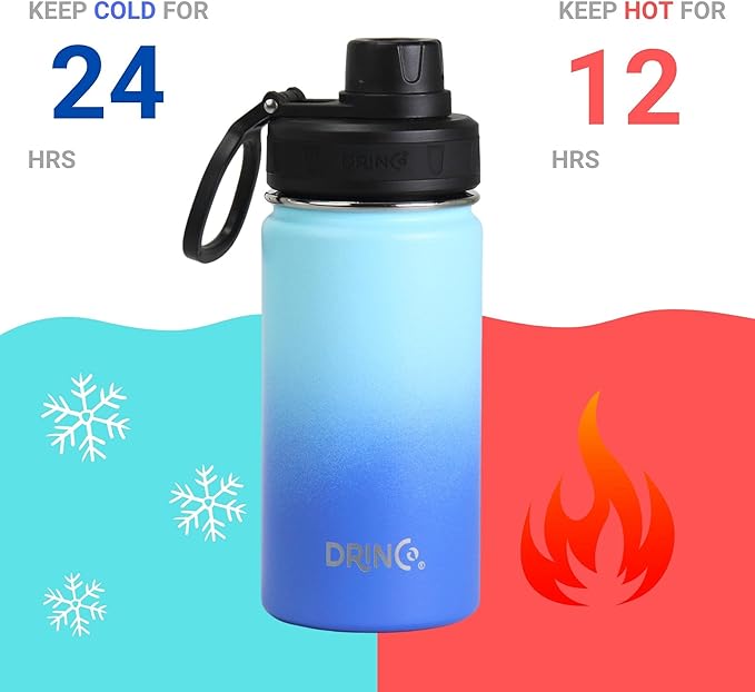 DRINCO Stainless Steel Water Bottle Spout Lid Vacuum Insulated Double Wall Water Bottle Wide Mouth (40oz 32oz 22oz 18oz 14oz) Leak Proof Keeps Cold or Hot (14 oz, 14oz Morning Sky Blue)-GravixFit