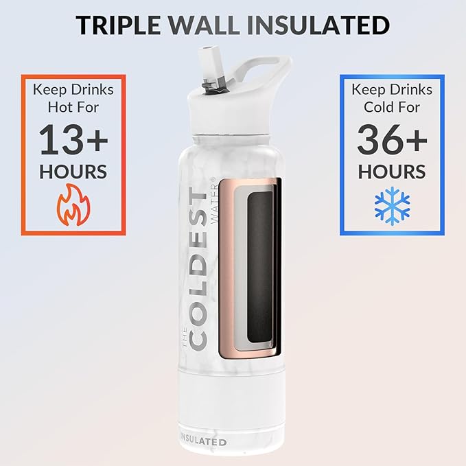 Coldest Insulated Water Bottle with Straw Lid - Stainless Steel Metal Insulated Bottle for Men & Women (Carrara Marble, 40 oz)-GravixFit