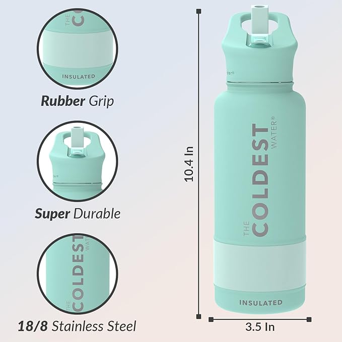 Coldest Insulated Water Bottle with Straw Lid - Stainless Steel Metal Insulated Bottle for Men & Women (Oceanic Green, 32 oz)-GravixFit