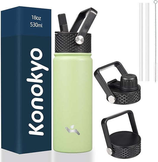 18 oz Insulated Water Bottle Stainless Steel Sport Bottles with 3 Lids,Macaron Green-GravixFit