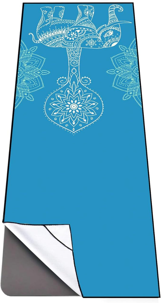 QiyI Yoga Mat Towel with Corner Pockets, Non Slip Sweat Absorbent Hot Yoga Towels, Soft Yoga Blankets with Travel Bag, Skidless Mat Cover for Workout, Gym, Fitness - 70"x26", Blue Mandala Elephant-GravixFit