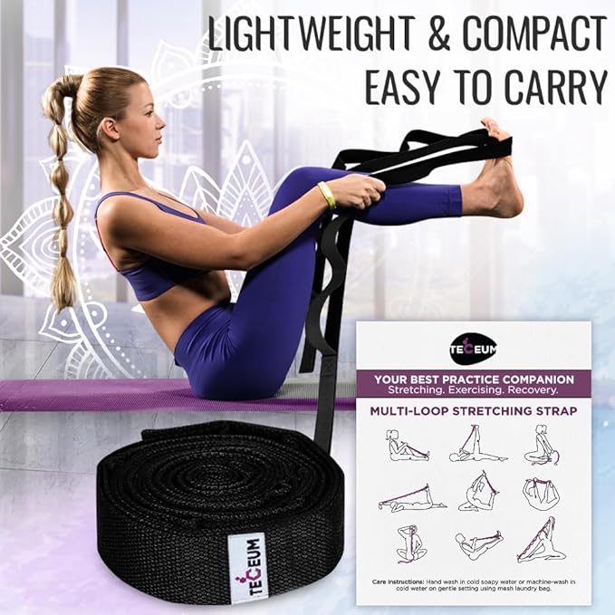 TECEUM Stretching Strap for Yoga & Physical Therapy – 10 Loops – Non-Elastic Leg Stretch Straps for Stretching, Exercising, Pilates, Post-Injury Rehabilitation for All Levels – Men & Women-GravixFit