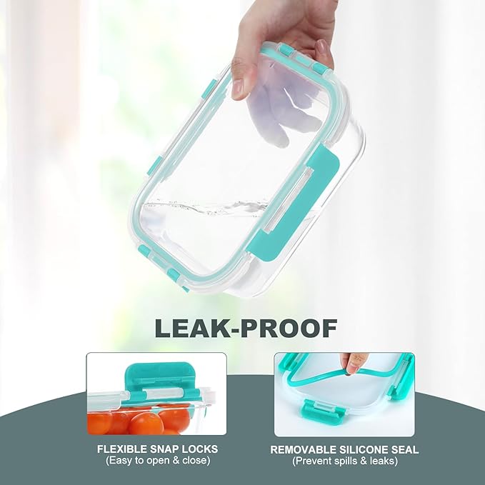 10 Pack Glass Food Storage Containers, Meal Prep Containers with Lids, Airtight Glass Lunch Boxes, Freezer, Oven, and Microwave Safe, Green-GravixFit