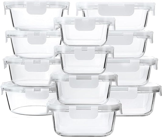 M MCIRCO 24-Piece Glass Food Storage Containers with Upgraded Snap Locking Lids,Glass Meal Prep Containers Set - Airtight Lunch Containers, Microwave, Oven, Freezer and Dishwasher,White-GravixFit