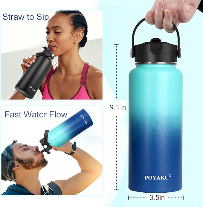 Water Bottle Insulated 32oz 40oz 64oz 128oz Straw Lid Spout Lid & 3 Lids, Leak Proof, Vacuum Insulated,Stainless Steel Water Bottle Wide Mouth for Sports, Gym or Office-GravixFit