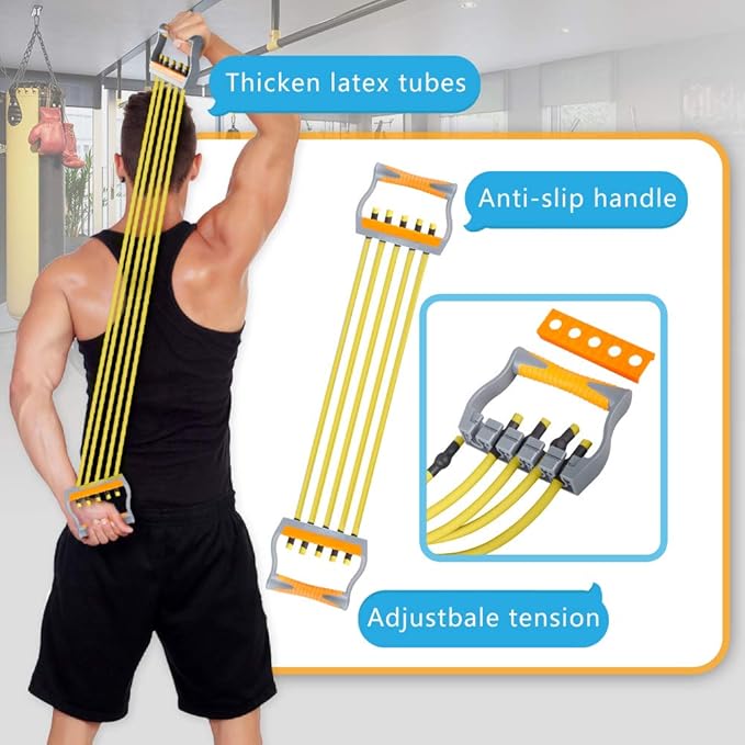 TOCO FREIDO Chest Expander | Arm Training, 5 Tubes Ajustable Arm Strength Trainer, Exercise Resistance Bands for Home Fitness Muscle Training Body Building-GravixFit