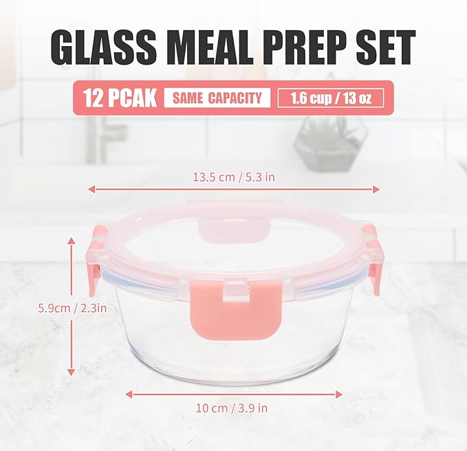 12 Pack 13oz Small Glass Food Storage Containers with Lids Airtight, Leak-Proof Round Meal Prep Containers Set, Freezer to Microwave Safe, Dishwasher Safe-GravixFit