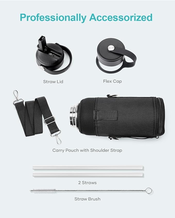 BUZIO Insulated Water Bottle with Straw Lid and Flex Cap, 32oz Double Wall Vacuum Stainless Steel Thermo with Wide Mouth Lid, Cold 48 Hrs Hot 24 Hrs Sweat Proof Flask, Rose and Green-GravixFit