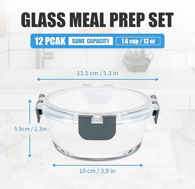 12 Pack Small Glass Food Storage Containers with Lids Airtight, 13oz Leak-Proof Meal Prep Containers Set, Freezer to Microwave Safe, Dishwasher Safe-GravixFit