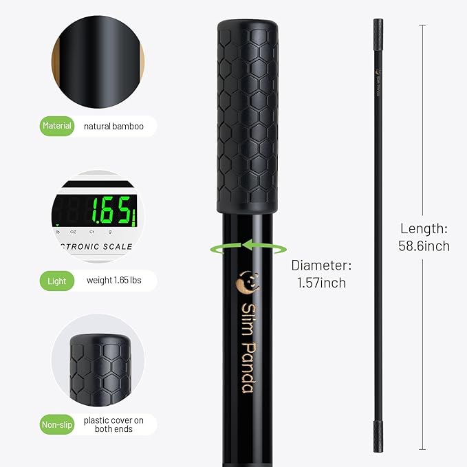 Slim Panda Yoga Stick, 5ft Natural Bamboo Stick with Rubber Ends, Exercise Stretching Stick for Yoga, Stretching, Balance and Correcting Posture, Rehabilitation Physical Therapy Aids-GravixFit