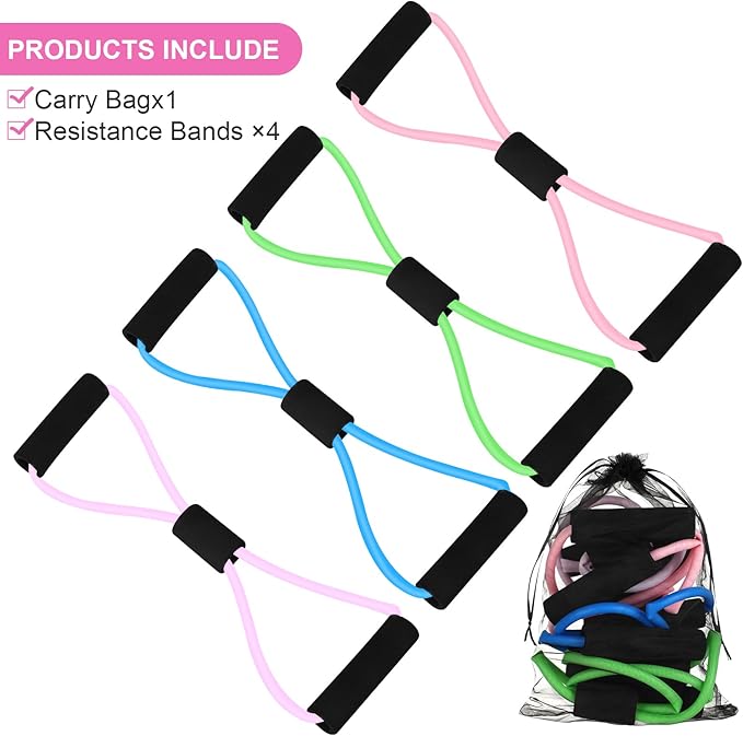 Figure 8 Shaped Resistance Bands -4-Pack Workout Bands with Handles Figure, 8 Exercise Bands for arm Shoulder Stretching, Leg Stretching, Yoga, Pilates, Home Gym Workout Equipment for Women Men-GravixFit