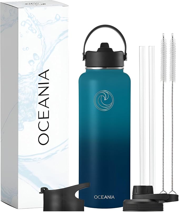 Oceania Flask 40oz Stainless Steel Sports Water Bottle | Leakproof, Hydro BPA-Free, Insulated with 3 Modern Lids, 3 Straws & 2 Straw Cleaning Brushes | Simple Camping & Hiking Bottle-GravixFit