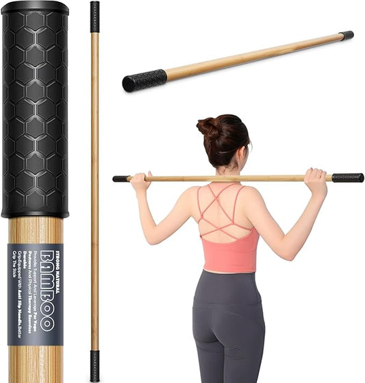 Bamboo Stretch Yoga Stick, 5ft/149 cm, Flexibility Stick for Physical Therapy, Premium Yoga Dowel with Super Sturdy Rubber Handle Ends, Exercise Bar for Posture Corrector-GravixFit