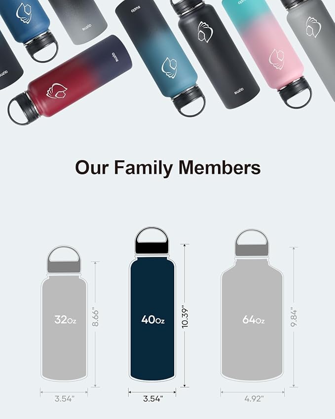 BUZIO 40 oz Water Bottle Insulated with Straw & 3 lid and Carrying Pouch, Leak Proof Anti-Slip Stainless Steel Water Flask Jug, Cold for 48 Hrs Double Vacuum Thermo Canteen, BPA-Free, Shadow-GravixFit