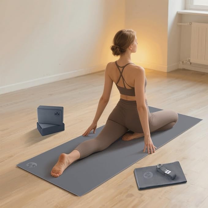 Clever Yoga - 7 Piece Yoga Kit for Women & Men, 6mm Cushioned Mat, 2 Blocks, Strap, Mat and Hand Towels & Carrying Bag - Starter Yoga Set, Accessories & Equipment for Home Workout-GravixFit