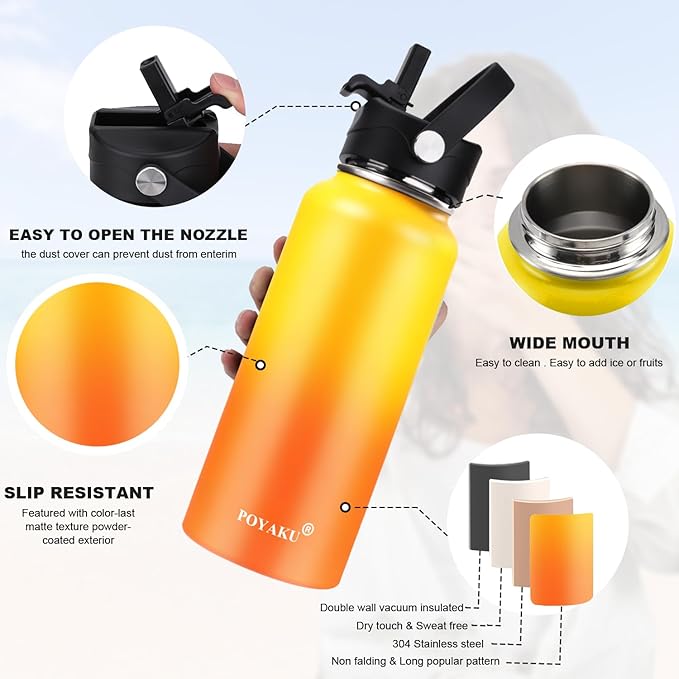 Water Bottle Insulated 32oz 40oz 64oz 128oz Straw Lid Spout Lid & 3 Lids, Leak Proof, Vacuum Insulated,Stainless Steel Water Bottle Wide Mouth for Sports, Gym or Office-GravixFit