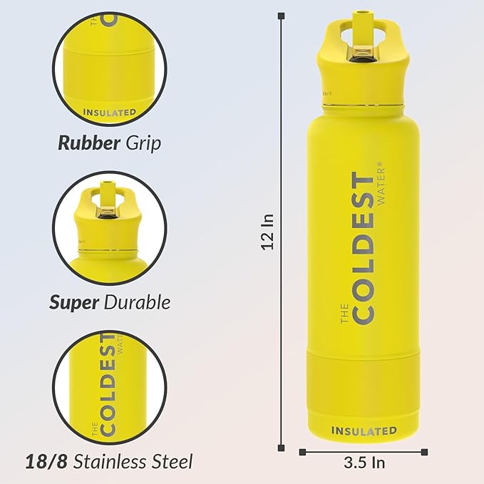 Coldest Insulated Water Bottle with Straw Lid - Stainless Steel Metal Insulated Bottle for Men & Women (Solar Yellow, 40 oz)-GravixFit