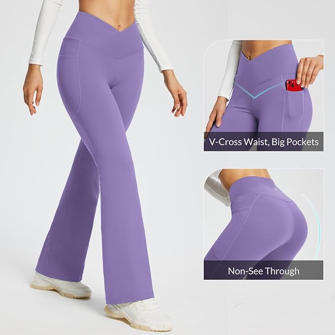 baleaf Women's V Crossover Flare Leggings with Pockets Yoga Pants High Waist Casual Workout Gym Bell Bottom Leggings-GravixFit