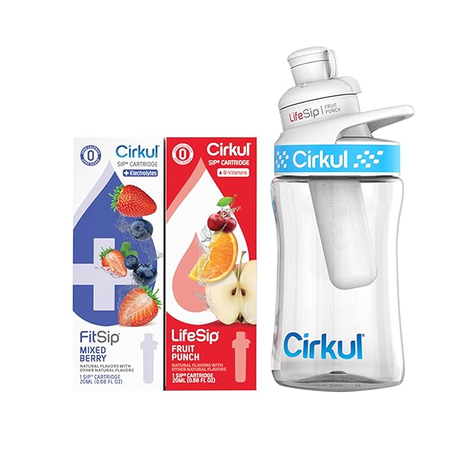 Cirkul 12oz. BPA-Free Plastic Water Bottle Starter Kit for Kids with Blue Lid, 2 Flavor Cartridges (1 LifeSip Fruit Punch, 1 FitSip Mixed Berry), No Sugar, Zero Calorie Drink Mix-GravixFit