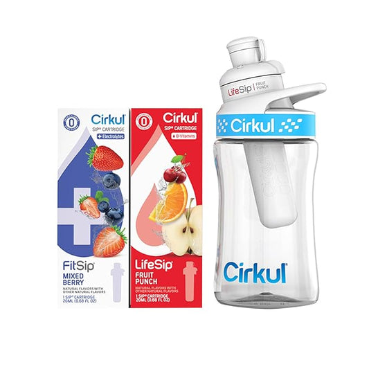Cirkul 12oz. BPA-Free Plastic Water Bottle Starter Kit for Kids with Blue Lid, 2 Flavor Cartridges (1 LifeSip Fruit Punch, 1 FitSip Mixed Berry), No Sugar, Zero Calorie Drink Mix-GravixFit