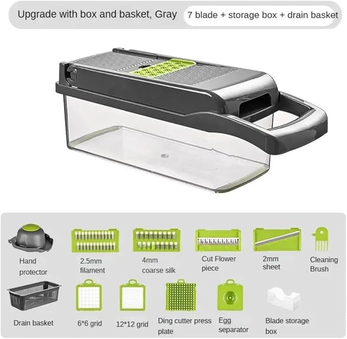 16-in-1 Ultimate Vegetable Chopper & Mandoline Slicer – Multi-Blade Food Dicer, Spiralizer, Grater & Cutter with Container – Kitchen Gadget for Fruits, Veggies, Cheese – Black & Green-GravixFit