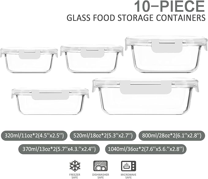 M MCIRCO 10-Pack Glass Food Storage Containers with Lids, Airtight Glass Lunch Bento Boxes, Meal Prep Containers, Microwave, Oven, Freezer and Dishwasher Friendly, White-GravixFit
