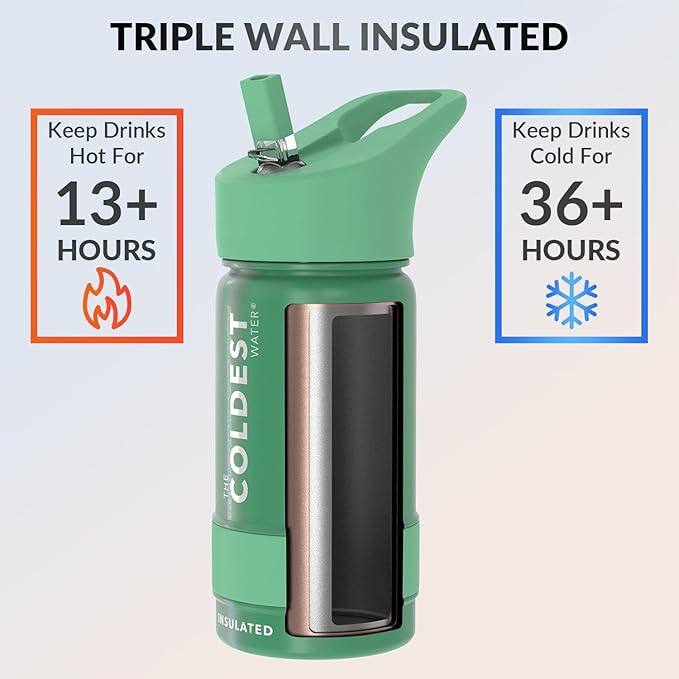 Coldest Insulated Water Bottle with Straw Lid - Stainless Steel Metal Insulated Bottle for Men & Women (Green Aurora Glitter, 14 oz)-GravixFit