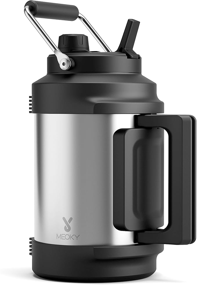 Meoky 1 Gallon Insulated Water Bottle for Travel 128 oz Triple Wall Vacuum Stainless Steel Water Jug - Top and Side Handles, Cold for 48 Hrs, 2-in-1 Straw and Spout Lid, Leak Proof for Work (Silver)-GravixFit
