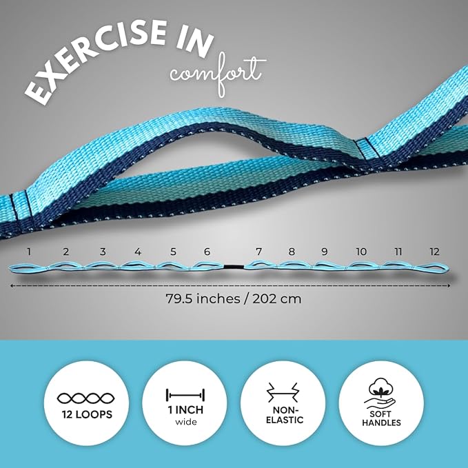 California Yoga Strap | Yoga Belt with Loops | 12 Multi Loop & Non-Elastic | Stretching Strap | Gym Workout & Exercise Bands | Physical Therapy | Improves Sitting Posture for Women & Men-GravixFit