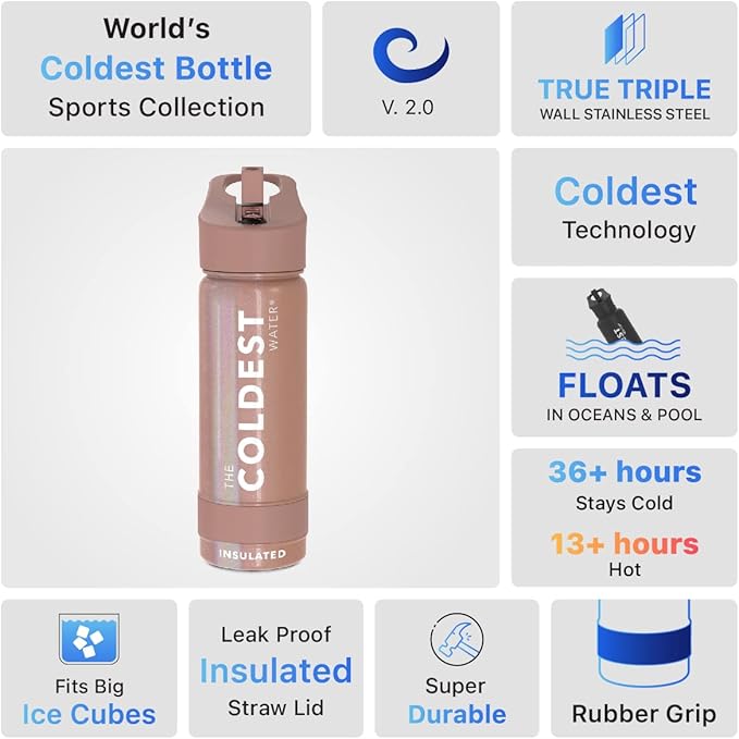 Coldest Insulated Water Bottle with Straw Lid - Stainless Steel Metal Insulated Bottle for Men & Women (Rose Gold Glitter, 18 oz)-GravixFit