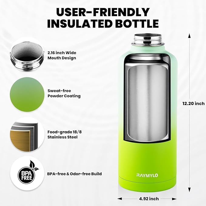 Insulated Water Bottle 87 oz, Triple Wall Vacuum Stainless Steel (Cold for 48 Hrs), Leak Proof & Non-BPA, Modern Water Flask Jug with Paracord Handle & Straw Spout Lids, Ombre Green-GravixFit